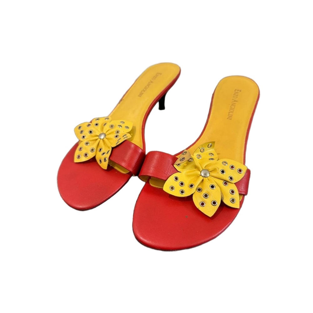 Y2K Enzo Angiolini Mules Womens 7M Red Yellow Slip On Kitten Heel Summer Flower